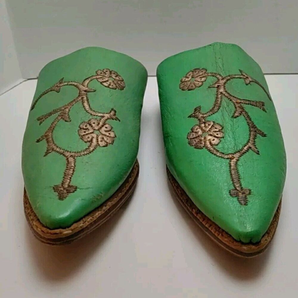 1950'-60's Moroccan Ladies Mules Green Leather Hand Stitched